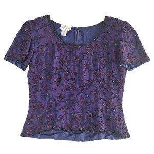 Vintage J Kara New York Beaded Silk Blouse Purple Top S Short Sleeve Lined